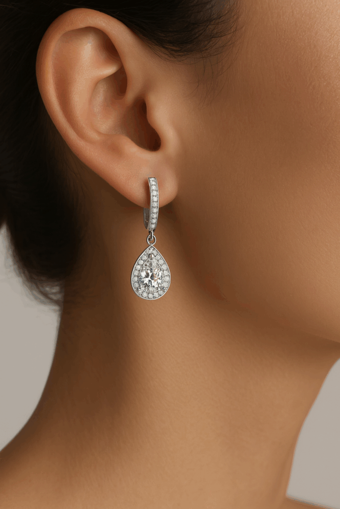 Tristis 2-Carat Moissanite White Gold Plated 18K Earrings shown on hand