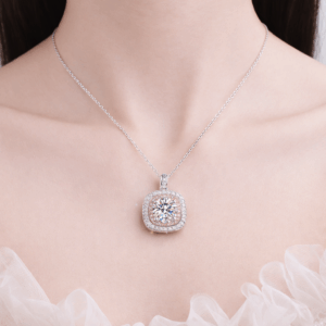 Laetus 1-Carat Moissanite Necklace | Adjustable Length Cushion Double Halo alternate view