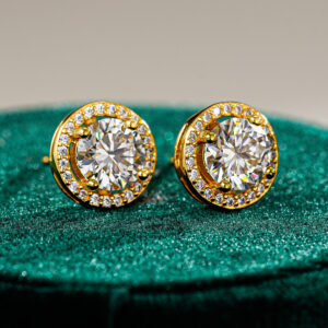 Poni Round Moissanite Earrings in 18K Gold Plated | 2-Carat Halo Studs alternate view