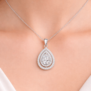 Stilio 1-Carat Moissanite Necklace | Adjustable Length Pear-Cut Double Halo Pendant alternate view