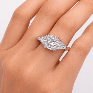 Trigo 3-Carat Moissanite Ring in Platinum 950 | Three-Stone Emerald Cut alternate view