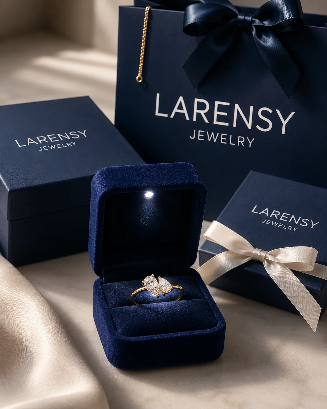 Larensy LED light-up velvet ring box with branded gift bag and navy presentation boxes