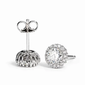 larensy-florine-moissanite-halo-stud-earrings-main-v2 Florine Moissanite Halo Stud Earrings — front and setting detail