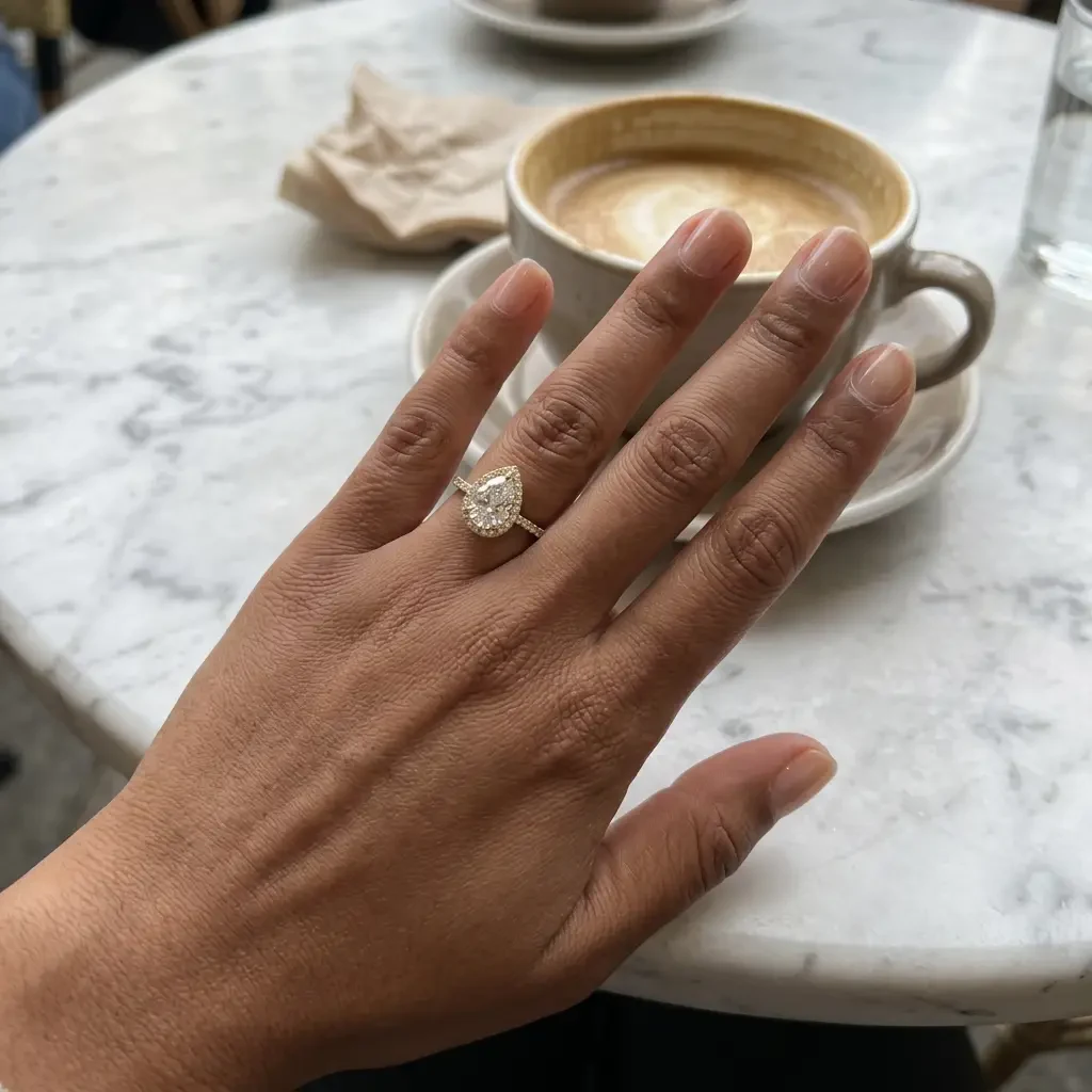 Lacrima pear halo ring worn
