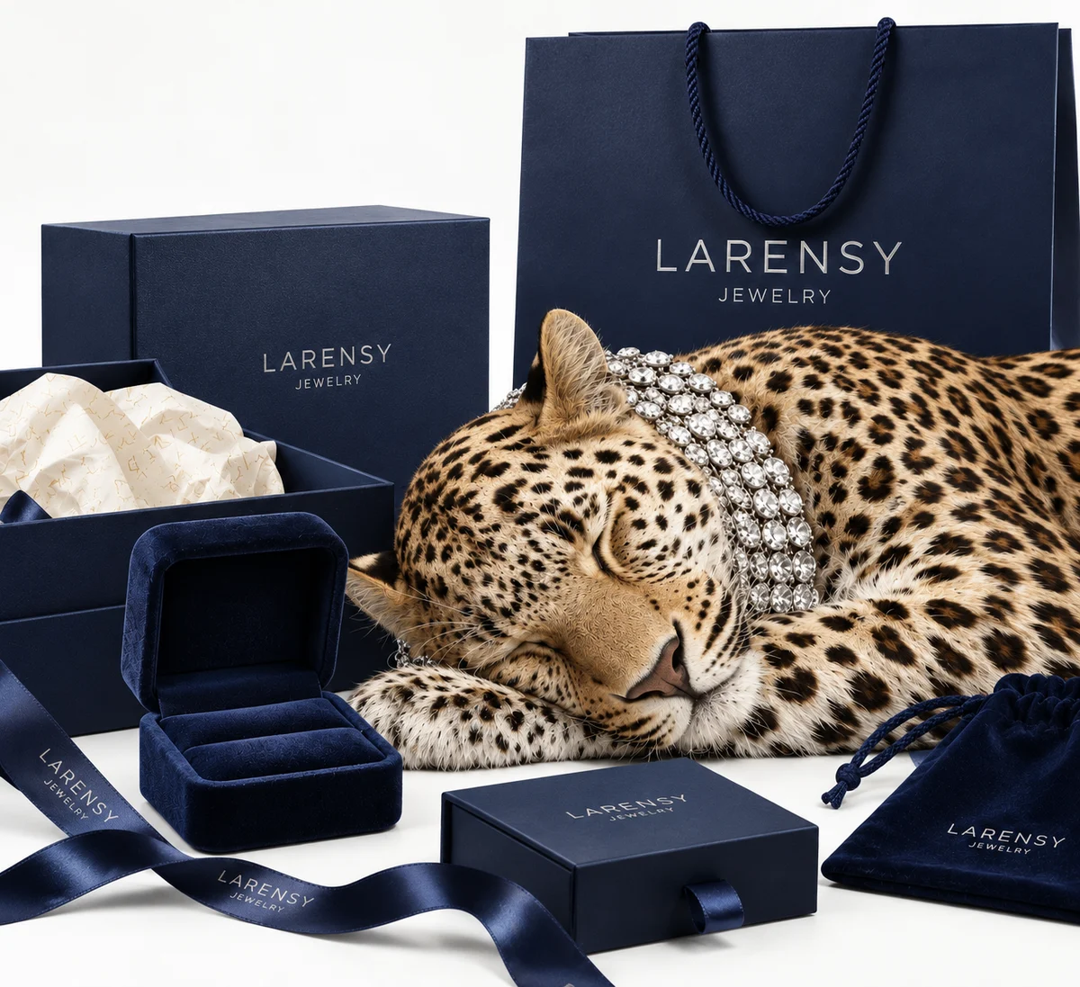 A leopard asleep among Larensy navy gift boxes, ribbon and a light-up ring box