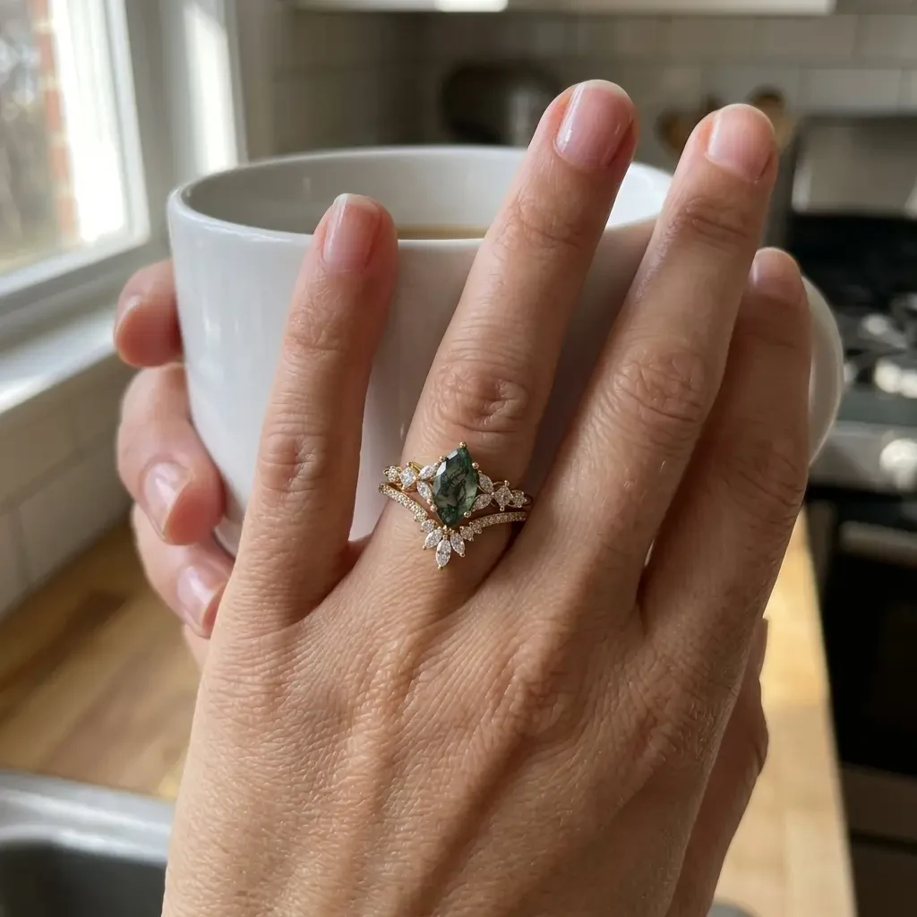 Sylva moss agate ring set worn